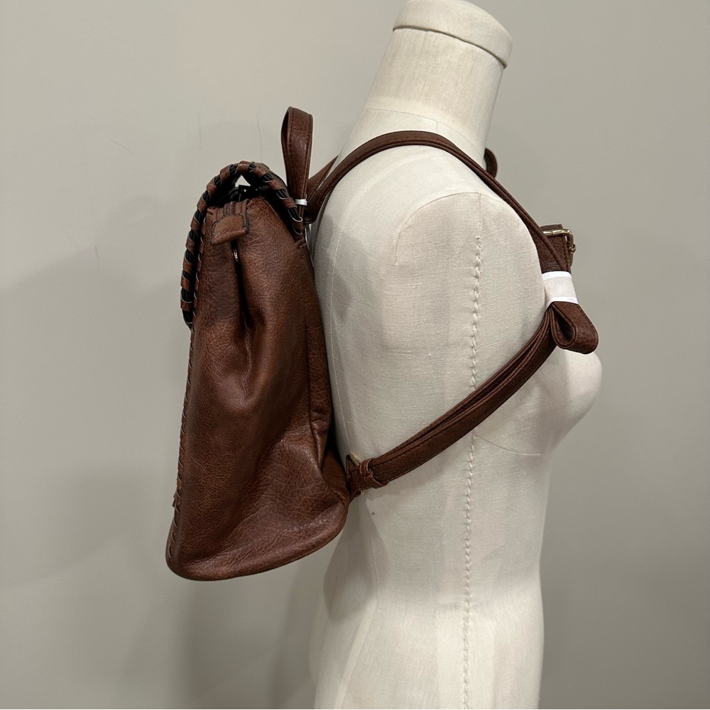 ALYSSA Faux Vegan Leather Whipstitch Brown Backpack New - Picture 2 of 13